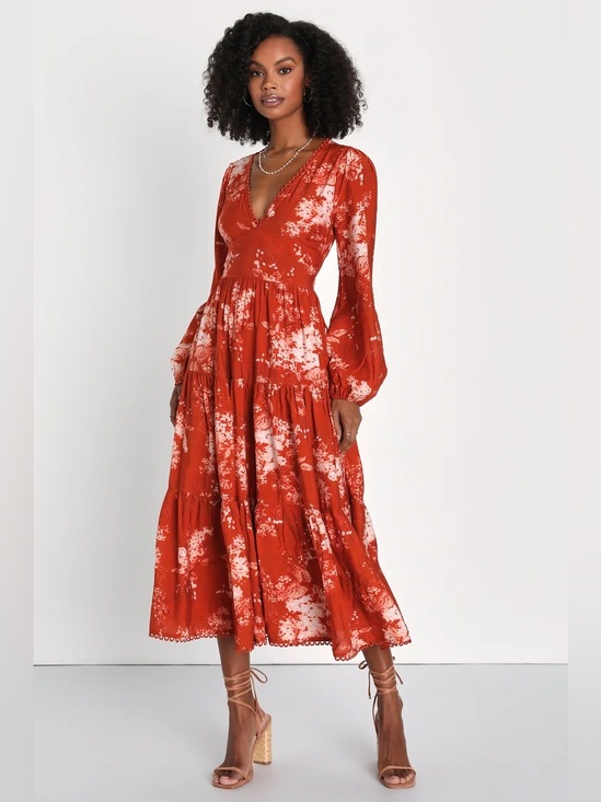 Lulus Dresses & Skirts - Lulus Striking Impression Rust Floral Print Tiered Midi Dress – Size Medium